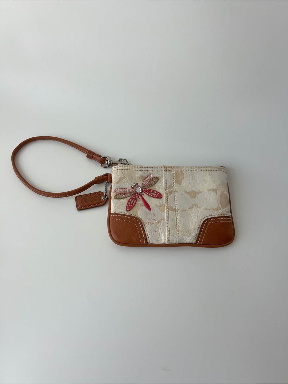RARE Coach Y2K Dragonfly Cream Signature Canvas Wristlet with Brown Trim